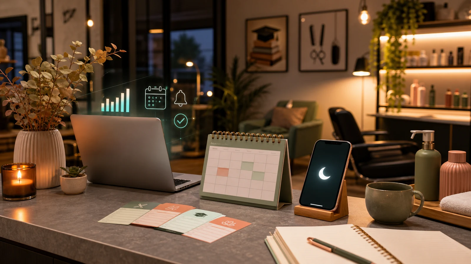 Mostrador de pequeño negocio de servicios con agenda, móvil y automatización de reservas fuera de horario